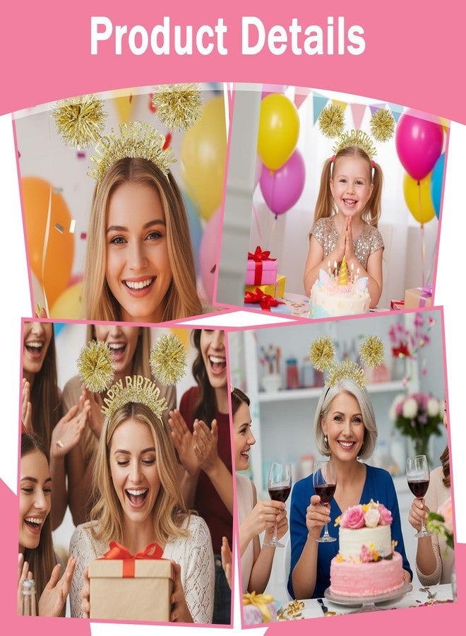 Macuezu Birthday Tiara Crown for Girls Women, Happy Birthday Headband Pom Pom Headband Hair Accessories Hat for Princess Adults Kids Party(Gold) - Image 5